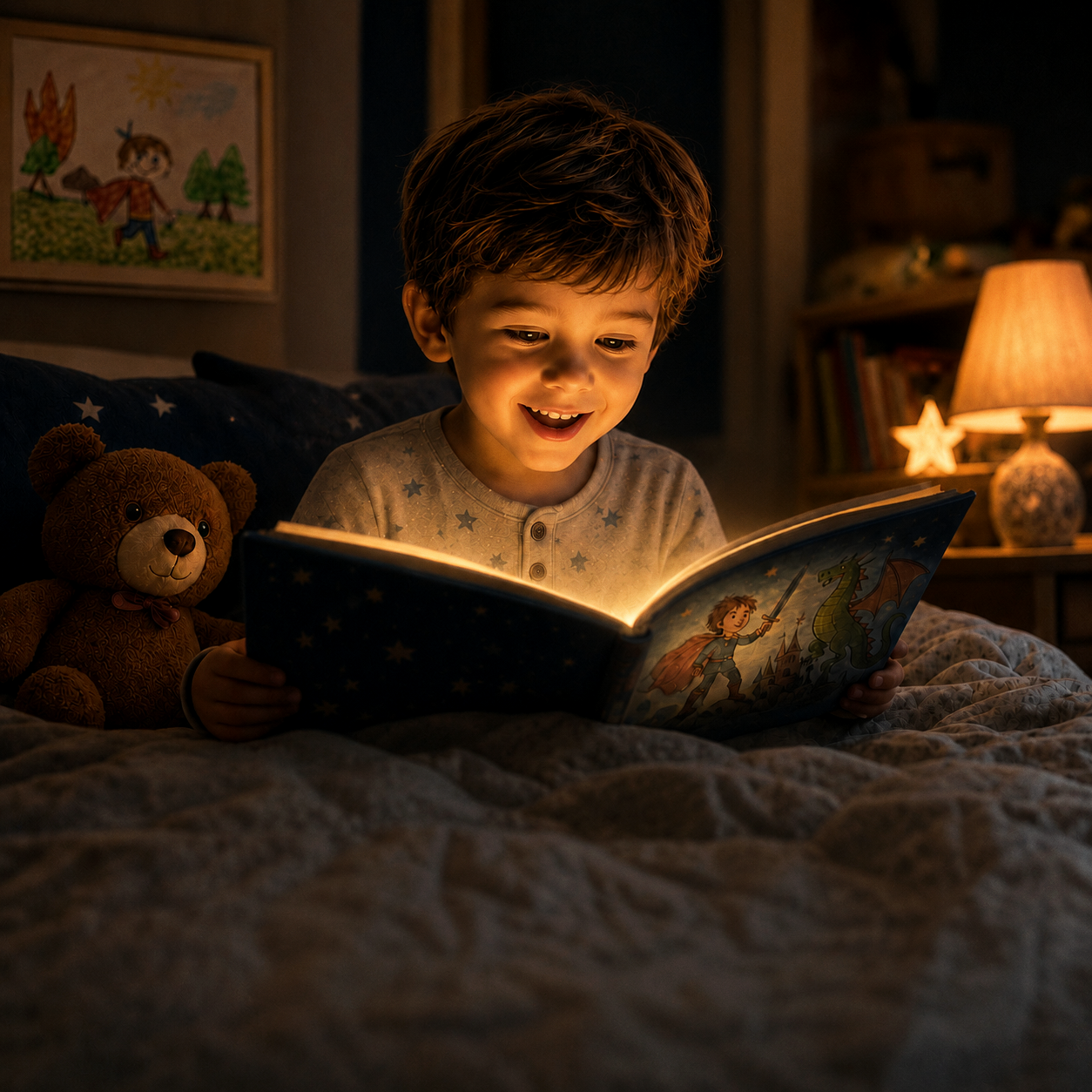 a child reading their own storybook at bedtime