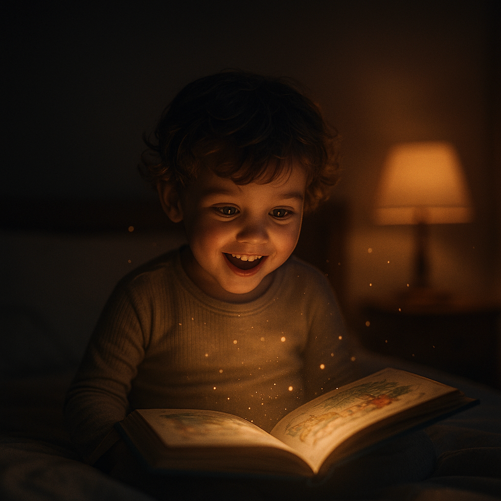 a child delighted by their storybook